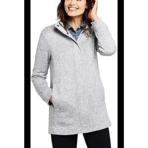 Lands End Sweater Fleece Jacket Womens MP (10-12) Gray Herringbone Zip Snap Coat